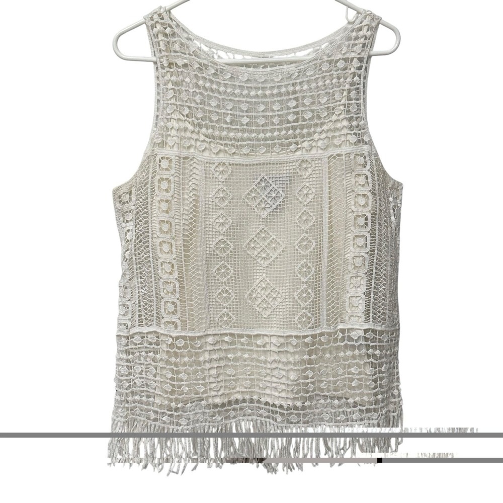 Ralph Lauren LRL Women's Top Ivory Size Large Lace Top with Fringe Lined Boho